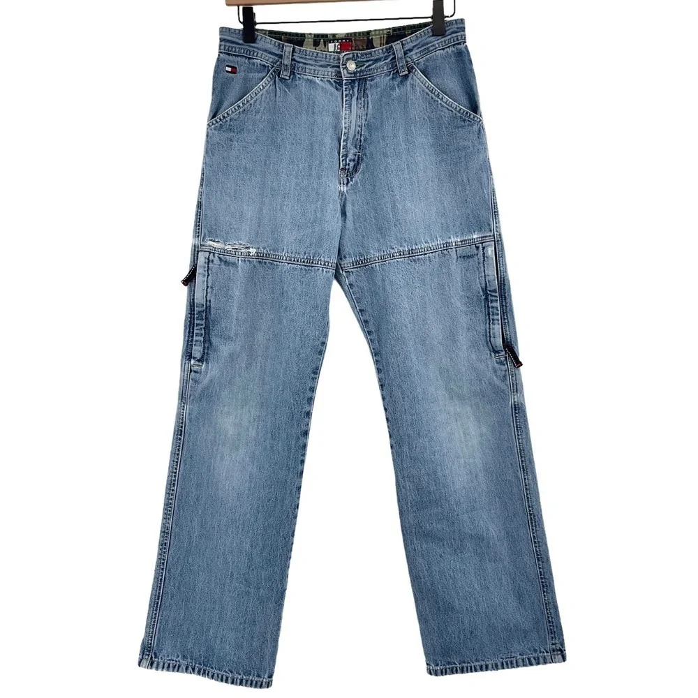 Vintage 2002 Tommy Hilfiger Cargo Jeans Distressed Medium Wash Blue Boys 18 2/4